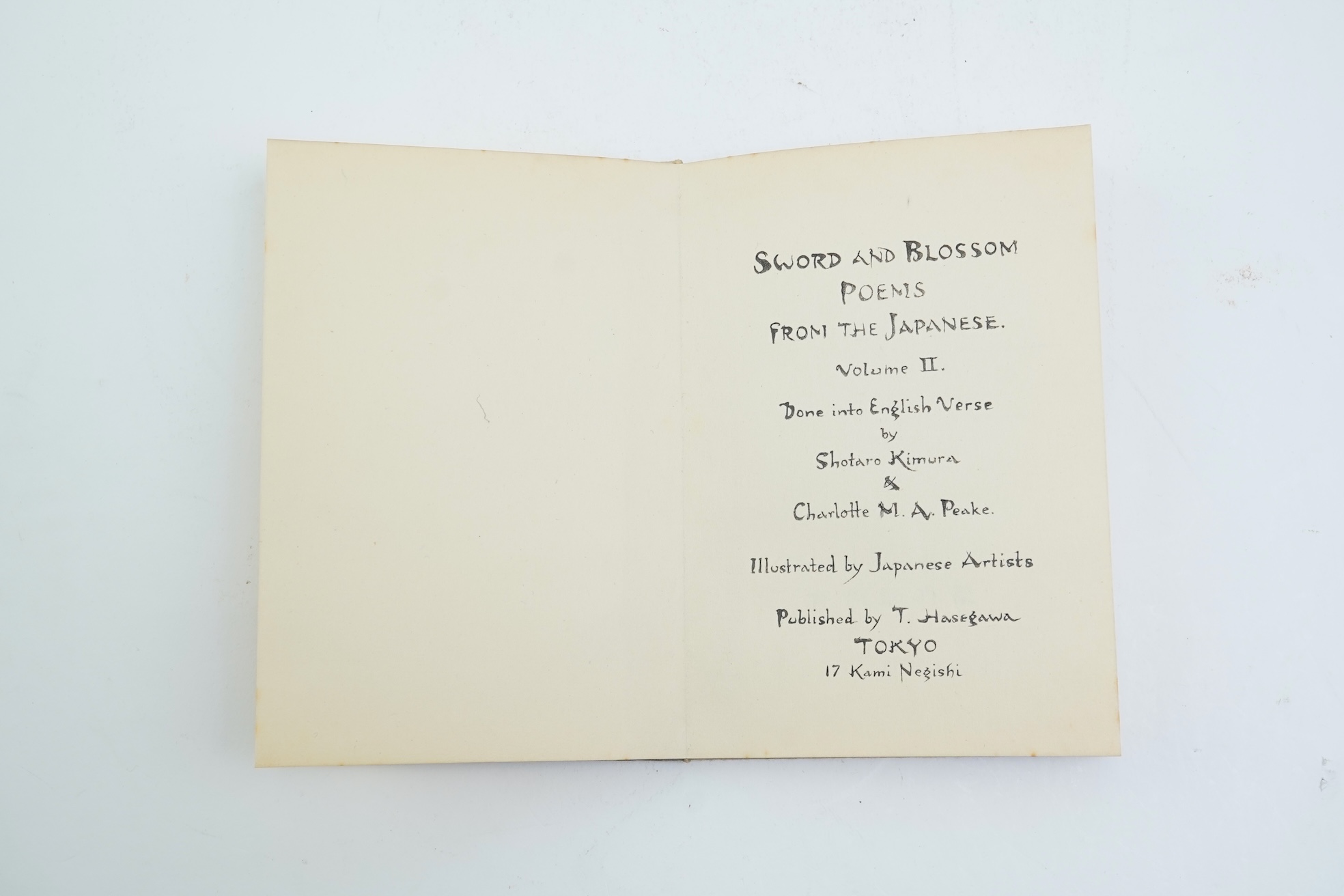 Swords and Blossom Poems from the Japanese, three volumes, done into English verse by Shotaro Kimura and Charlotte M. A. Peake, woodblock illustrations by Japanese artists, Tokyo, T. Hasegawa publisher